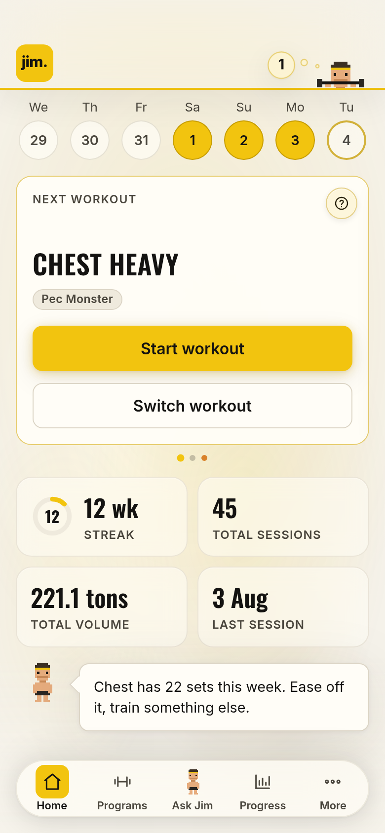Home: the Chest Heavy session in the Pec Monster program, with streak and total volume