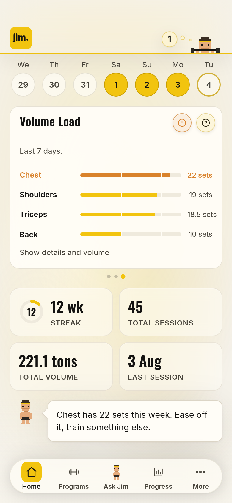 Home: Volume Load, chest above the growth zone at 22 sets
