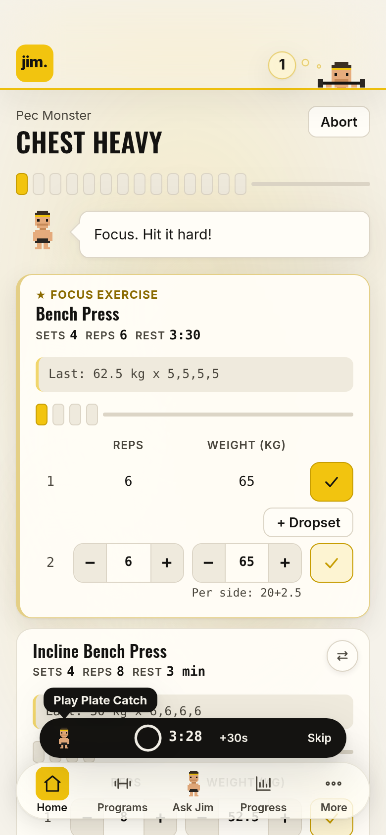 Workout view in jim.: set logged, rest timer and Plate Catch bubble